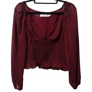ASTR The Label Wine Red Textured Smocked Crop Top Women’s M Long Sleeve Peplum